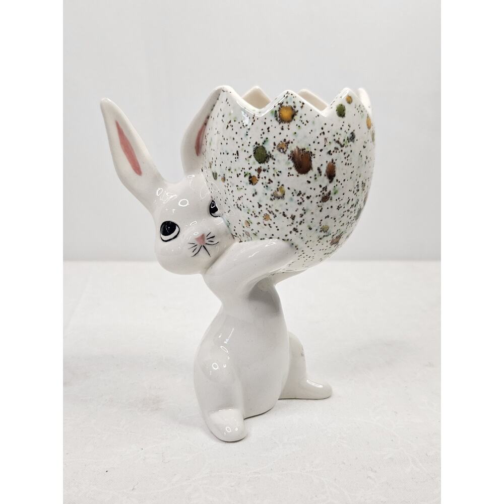 Vintage Mid Century Hand Painted Porcelain Bunny Holding Egg Easter Spring Art